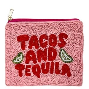 Beaded Pouch - Tacos & Tequila Cute Funny Bag Wallet - Fun Pink Accessory